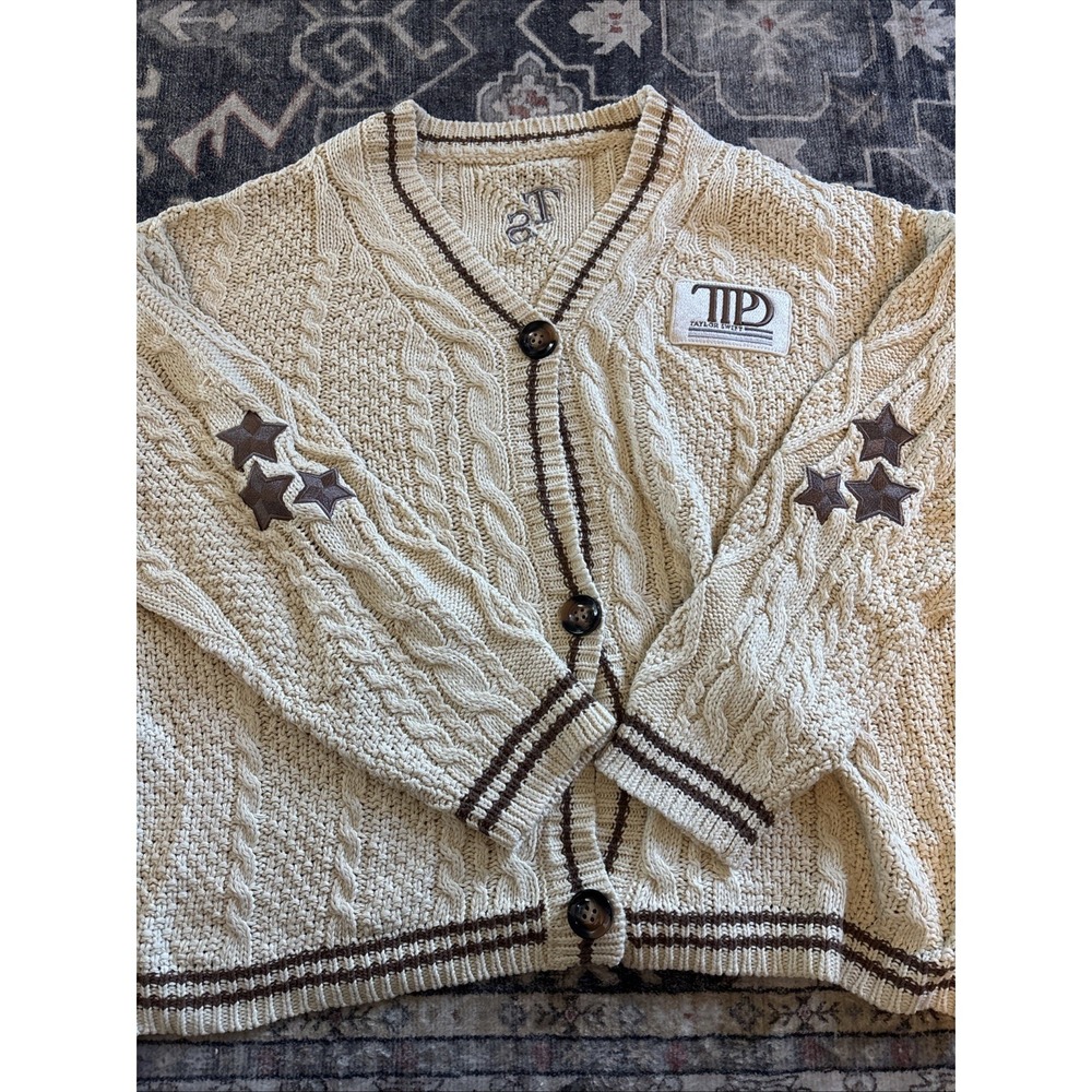 Taylor Swift Women's Cardigan Sweater Beige Cable Knit Folk Lore Size XL / 2XL